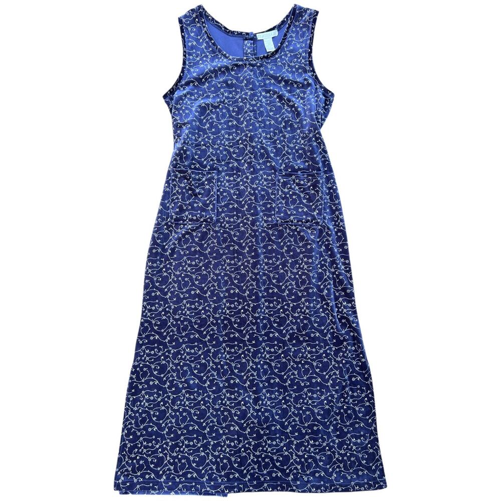 90s Y2K Claudia D Blue Velvet Overall Jumper Maxi Dress Floral Print Large